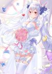  1girl absurdres animal animal_ears azur_lane bangs blue_bow blue_flower blue_rose blush bouquet bow breasts bride bug butterfly cleavage closed_mouth commentary_request dress elbow_gloves eyebrows_visible_through_hair flower garter_straps gloves hair_between_eyes hair_bow hair_ribbon highres holding holding_bouquet hum_(ten_ten) insect laffey_(azur_lane) long_hair looking_away medium_breasts pink_flower pink_rose rabbit_ears ribbon ribbon_trim rose silver_hair solo striped striped_bow thigh-highs twintails very_long_hair white_dress white_gloves white_legwear white_ribbon 