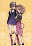  2girls animal_ears arm_around_neck black_choker blonde_hair blue_eyes blush boots breasts chino_machiko choker cleavage contrapposto copyright_request dress eyebrows_visible_through_hair grey_hair lion_ears lion_tail long_sleeves looking_at_another mole mole_under_eye multiple_girls off_shoulder parted_lips pink_footwear ponytail puffy_pants purple_dress red_eyes short_dress smile standing tail yellow_background yuri 