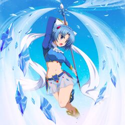  1girl absurdres arm_up blue_eyes blue_footwear blue_hair blue_panties blush braid breasts cravat crown_braid hair_ornament hair_rings highres holding_polearm ice_shard knee_blush leg_lift long_sleeves looking_at_viewer ludmila_lourie madan_no_ou_to_vanadis magic midriff navel open_mouth panties polearm see-through shira-nyoro short_hair skirt solo spear underwear weapon 