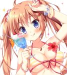  1girl :q ahoge bangle bangs bikini blush bracelet breasts cherry collarbone cup flower flower_bracelet food front-tie_bikini front-tie_top fruit hair_ornament hair_scrunchie halterneck hand_on_forehead haruka-chan_(pan_(mimi)) holding holding_cup ice jewelry long_hair looking_at_viewer medium_breasts nail_polish orange orange_hair orange_slice original pan_(mimi) pendant pink_flower pink_nails scrunchie sidelocks solo sparkle spoon striped swimsuit tongue tongue_out twintails upper_body violet_eyes yellow_bikini 