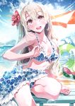  1girl :d bare_shoulders beach bikini blonde_hair blue_bikini blue_sky blush breasts cleavage clouds collarbone fate/kaleid_liner_prisma_illya fate/stay_night fate_(series) illyasviel_von_einzbern long_hair mountain open_mouth outdoors parasol red_eyes sky smile solo swimsuit teeth umbrella yasuno_(airy_light) 