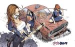  3girls absurdres bandanna baseball_bat belt black-framed_eyewear black_footwear black_hair blue_skirt breasts broken brown_eyes brown_hair car chains cinder_block cleavage copyright_name covering_mouth delinquent glass_shards glasses goodotaku ground_vehicle hand_up highres holding_baseball_bat jacket kendo large_breasts looking_at_viewer mask motor_vehicle multiple_girls navel on_vehicle ponytail school_uniform shoes shoujo_x_kuruma sitting skirt socks squatting standing stone sukeban watermark 