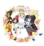  2girls 3boys baggy_shorts bangs banner beanie black_hair black_hoodie blonde_hair blush closed_mouth creatures_(company) dress floral_background floral_print game_freak gladio_(pokemon) green_eyes green_hair green_shorts grey_eyes handband hat hau_(pokemon) kneehighs lillie_(pokemon) long_hair long_sleeves looking_at_viewer malasada miu_(miuuu_721) mizuki_(pokemon) multiple_boys multiple_girls nintendo open_mouth pokemon pokemon_(game) pokemon_sm shirt short_hair shorts simple_background skirt smile standing tied_shirt white_dress white_hat yellow_shorts you_(pokemon) 