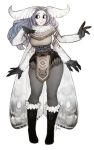  1girl antennae artist_name black_footwear black_sclera boots capelet full_body fur fur-trimmed_boots fur_collar fur_trim grey_hair hand_on_own_chest highres knee_boots long_hair looking_to_the_side matilda_vin monster_girl moth_girl moth_wings mother_lumi multiple_arms no_pupils original pelvic_curtain simple_background smile solo white_background wings 