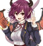  1girl blouse bow breasts commentary_request dragon_girl dragon_horns dragon_tail dragon_wings granblue_fantasy grea_(shingeki_no_bahamut) horns jacket koenza_botoke large_breasts looking_at_viewer open_clothes open_jacket open_mouth pointy_ears purple_hair red_bow red_eyes red_neckwear short_hair solo tail upper_body white_blouse wings 
