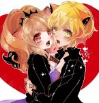  2girls animal_ears asymmetrical_docking big_hair black_choker black_jacket blonde_hair blush breast_press breasts brown_hair chino_machiko choker cleavage copyright_request dress fangs from_side heart hug jacket leather leather_jacket lion_ears looking_at_viewer looking_to_the_side medium_breasts multiple_girls open_clothes open_jacket open_mouth ponytail purple_dress red_eyes short_sleeves slit_pupils yellow_eyes yuri 