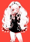  1girl animal_ears ass_visible_through_thighs big_hair black_shirt chino_machiko contrapposto copyright_request cowboy_shot fangs limited_palette lion_ears lion_tail long_sleeves looking_at_viewer open_mouth red_background red_eyes shirt simple_background slit_pupils solo standing tail 