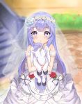  1girl :o absurdres azur_lane bangs bare_shoulders blue_flower blue_rose blurry blurry_background blush bow bridal_veil chestnut_mouth commentary_request day depth_of_field dress eyebrows_visible_through_hair flower frilled_bow frills hair_flower hair_ornament highres huge_filesize lisu looking_at_viewer object_hug outdoors parted_lips purple_hair red_flower red_rose rose see-through sleeveless sleeveless_dress solo stairs standing stone_stairs stuffed_animal stuffed_pegasus stuffed_toy stuffed_unicorn unicorn_(azur_lane) veil violet_eyes white_dress yellow_bow 