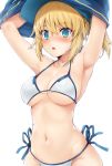  1girl absurdres artoria_pendragon_(all) bikini blonde_hair blue_eyes blush breasts commentary_request fate/grand_order fate_(series) hat highres jacket_lift looking_at_viewer medium_breasts mysterious_heroine_xx_(foreigner) navel nose_blush open_mouth parted_lips ponytail samoore short_hair side-tie_bikini solo stomach swimsuit white_background white_bikini 
