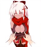  1girl arm_guards arms_under_breasts bow breasts cleavage cleavage_cutout dark_skin fate/grand_order fate_(series) hair_bow higata_akatsuki large_breasts looking_at_viewer okita_souji_(alter)_(fate) okita_souji_(fate)_(all) red_scarf scarf white_hair 