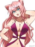  1girl aqua_eyes armpits breasts cleavage emmxd325 hair_tousle highres large_breasts long_hair looking_at_viewer maria_cadenzavna_eve navel o-ring o-ring_swimsuit open_mouth pink_hair purple_swimsuit senki_zesshou_symphogear simple_background solo swimsuit twitter_username white_background 