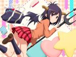  1girl arrow_background bag black_legwear brown_footwear cardigan cellphone checkered checkered_background cushion demon_girl demon_horns demon_wings earphones earphones_removed floating gabriel_dropout hair_ornament hairclip heart highres holding holding_weapon horns loafers long_sleeves looking_at_viewer looking_back notebook panda paper pen pencil_case phone plaid plaid_skirt pleated_skirt polearm purple_hair revision school_bag school_uniform shira-nyoro shoes skirt smartphone smile solo star topknot trident tsukinose_vignette_april violet_eyes weapon wings x_hair_ornament zipper 