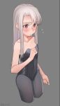  1girl arm_up bangs black_legwear black_leotard blush breasts cleavage commentary_request fate/kaleid_liner_prisma_illya fate_(series) flying_sweatdrops grey_background highres illyasviel_von_einzbern leotard long_hair looking_at_viewer pantyhose red_eyes roivas simple_background small_breasts solo twitter_username white_hair 