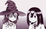  2girls akim_x asobi_asobase asui_tsuyu black_hair boku_no_hero_academia expressionless finger_to_chin gradient gradient_background hair_between_eyes hat looking_at_viewer multiple_girls necktie oka_(asobi_asobase) school_uniform shirt wavy_hair white_shirt wide-eyed witch_hat 