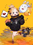  1girl abigail_williams_(fate/grand_order) balloon bangs black_bow black_jacket blonde_hair blue_eyes blush bow commentary_request fate/grand_order fate_(series) fou_(fate/grand_order) hair_bow hair_bun heart heroic_spirit_traveling_outfit highres holding holding_balloon jacket key long_hair long_sleeves medjed object_hug open_mouth orange_background orange_bow parted_bangs polka_dot polka_dot_bow round_teeth sleeves_past_fingers sleeves_past_wrists solo sparkle spoken_heart standing standing_on_one_leg star stuffed_animal stuffed_toy suction_cups teddy_bear teeth tentacle upper_teeth yuu_(higashi_no_penguin) 