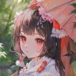  1girl :o blunt_bangs blurry blurry_background bow brown_hair close-up eyelashes flower frilled_bow frilled_hair_tubes frills hair_bow hair_flower hair_ornament hair_ribbon hair_tubes hakurei_reimu highres leaf long_hair looking_at_viewer maccha_(mochancc) oil-paper_umbrella open_mouth outdoors painterly parted_lips pink_flower plant red_bow red_eyes red_ribbon ribbon solo touhou tree umbrella 