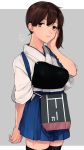  black_hair blue_skirt dress highres japanese_clothes kaga_(kantai_collection) kantai_collection looking_at_viewer muneate nakagomiyuki415 side_ponytail skirt smile white_dress 