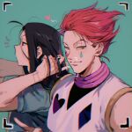  2boys adjusting_hair annoyed bangs bare_shoulders black_hair closed_mouth crop_top crop_top_overhang facial_mark from_side green_background hair_slicked_back half-closed_eyes hand_up hands_in_hair hands_up heart hisoka_morow hunter_x_hunter illumi_zoldyck long_hair looking_at_viewer looking_away male_focus messy_hair multiple_boys profile qin_(7833198) redhead short_hair short_sleeves side-by-side simple_background sleeveless smile upper_body v viewfinder yellow_eyes 