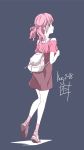 1girl 2018 backpack bag brown_skirt dated from_behind full_body hair_ornament high-waist_skirt highres long_hair looking_at_viewer looking_back nii_manabu off-shoulder_shirt original pink_eyes pink_hair pink_legwear pink_shirt shirt short_sleeves signature skirt smile socks solo standing twintails 