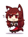 1girl :3 animal_ears bangs brooch brown_footwear brown_hair chibi commentary dress english_commentary eyebrows_visible_through_hair fate/grand_order fingers_together flying_sweatdrops full_body hair_between_eyes imaizumi_kagerou jewelry long_hair long_sleeves looking_at_viewer red_eyes riyo_(lyomsnpmp)_(style) shadow shoes simple_background smile solo standing tail touhou very_long_hair white_background white_dress wide_sleeves wolf_ears wolf_tail wool_(miwol) 