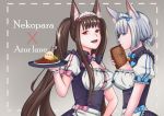  2girls :d absurdres akagi_(azur_lane) animal_ears apron azur_lane bell bird blue_bow blue_eyes blue_neckwear bow bowtie brown_hair cat_ears chao_(chaoticalien) chick chocola_(sayori) chocola_(sayori)_(cosplay) commentary_request copyright_name cosplay curry eyebrows_visible_through_hair food grey_background highres jingle_bell kaga_(azur_lane) long_hair looking_at_viewer maid maid_headdress mini_flag multiple_girls nekopara open_mouth pink_bow pink_neckwear profile puffy_short_sleeves puffy_sleeves red_eyes ribbon_trim short_hair short_sleeves simple_background smile tray twintails vanilla_(sayori) vanilla_(sayori)_(cosplay) very_long_hair waist_apron white_hair 