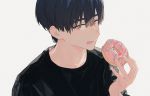  1boy black_hair black_shirt doughnut food grey_background hand_up hirota_tsuu holding looking_at_viewer male_focus open_mouth original pink_eyes shirt simple_background solo upper_body 
