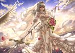  1girl armpits azur_lane bangs bird bouquet breasts bridal_veil cleavage detached_sleeves dress elbow_gloves eyebrows_visible_through_hair feathers flower garter_straps gloves gluteal_fold grey_hair groin hair_between_eyes hair_ornament highres holding holding_weapon large_breasts leotard light_particles long_hair looking_at_viewer mole mole_under_eye no_bra open_mouth outdoors petals pink_flower pink_rose polearm puffy_short_sleeves puffy_sleeves red_eyes rose ryou_(pix_gallerio) saint-louis_(azur_lane) sapphire_(stone) short_sleeves sky solo sparkle star_(sky) starry_sky sunset thigh-highs thighs tiara veil water weapon wedding_dress white_dress white_gloves white_legwear white_leotard 