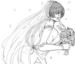  1girl bb_(baalbuddy) bouquet breasts bridal_veil bride dress earrings elbow_gloves finger_to_cheek flower gloves hair_over_eyes highres jewelry large_breasts long_hair low_ponytail petals shermie side_slit sideboob sketch solo split_ponytail strapless strapless_dress the_king_of_fighters veil wedding_dress 