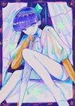  1other androgynous bangs blue_eyes blue_hair blunt_bangs border colored_eyelashes crystal curtains eyebrows_visible_through_hair gem golden_arms heterochromia highres houseki_no_kuni looking_at_viewer phosphophyllite phosphophyllite_(ll) short_hair sitting smile solo spoilers sword weapon white_eyes 