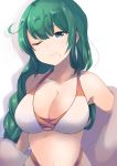  1girl absurdres bangs bikini blue_eyes blurry blush braid breasts cleavage closed_mouth collarbone commentary_request dyson_(edaokunnsaikouya) eyebrows_visible_through_hair green_hair hair_between_eyes highres kantai_collection large_breasts long_hair looking_at_viewer mole mole_under_mouth one_eye_closed revision shadow simple_background single_braid smile solo swimsuit upper_body yuugumo_(kantai_collection) 