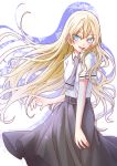  1girl :d asobi_asobase belt black_skirt blonde_hair blue_eyes eyebrows_visible_through_hair graphite_(medium) grey_neckwear hair_between_eyes highres kaikai long_hair long_skirt looking_to_the_side olivia_(asobi_asobase) open_mouth school_uniform shirt short_sleeves skirt smile solo traditional_media very_long_hair white_shirt 