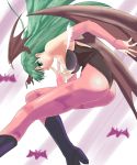  1girl animal_print ass bat_print boots breasts bridal_gauntlets demon_girl green_eyes green_hair head_wings highres large_breasts legs leotard long_hair long_legs morrigan_aensland pantyhose print_legwear simple_background solo succubus thighs vampire_(game) wings 