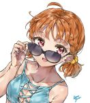  ahoge arm_up bikini_top blue_bikini_top breasts cleavage cleavage_cutout eyebrows_visible_through_hair hair_braid hand_up highres looking_at_viewer love_live! love_live!_sunshine!! open_mouth orange_hair portrait red_eyes short_hair short_twintails smile sunglasses takami_chika takenoko_no_you twintails white_background 