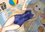  1girl abigail_williams_(fate/grand_order) arm_up ball bangs bare_arms bare_shoulders beach_towel beachball black_footwear blonde_hair blue_eyes blue_swimsuit breasts commentary_request coraman day dutch_angle fate/grand_order fate_(series) food forehead hand_up long_hair looking_at_viewer lying on_back one-piece_swimsuit outdoors pancake parted_bangs plate sand sandals_removed school_swimsuit small_breasts solo stuffed_animal stuffed_toy summer swimsuit teddy_bear towel very_long_hair 