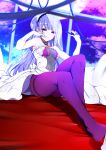  1girl ajax_(azur_lane) azur_lane bare_shoulders breasts bridal_veil bride choker dress earrings elbow_gloves eyebrows_visible_through_hair formal gloves highres jewelry long_hair looking_at_viewer manabebebe pantyhose purple_hair small_breasts smile solo strapless strapless_dress thighs veil wedding_dress white_gloves 