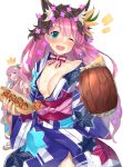  2girls :o ;d alcohol alternate_costume animal_hood aqua_eyes beer blue_eyes blush breasts character_request floral_print food highres hood imelia_(sennen_sensou_aigis) japanese_clothes kimono long_hair looking_at_viewer multiple_girls one_eye_closed open_mouth panda_inu pink_hair sandals sennen_sensou_aigis small_breasts smile standing star star_print sweatdrop takoyaki very_long_hair wet yukata 