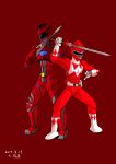 2boys absurdres armor bodysuit fighting_stance gloves helmet highres holding holding_sword holding_weapon kyouken_katou kyouryuu_sentai_zyuranger mighty_morphin_power_rangers multiple_boys muscle pose power_armor power_rangers power_rangers_(movie) red_bodysuit red_ranger rocky_desantos saban_entertainment spandex super_sentai sword tokusatsu tyrannoranger weapon yamato_zoku_prince_geki