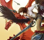  1boy angel_(drag-on_dragoon) aoco_aoccororo black_hair black_wings caim drag-on_dragoon dragon gloves gradient gradient_background lord_of_vermilion shirt smile sword weapon white_shirt wings 