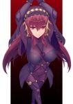  1girl arms_up bangs blush bodysuit breasts covered_navel eyebrows_visible_through_hair fate/grand_order fate_(series) from_above full_body gradient gradient_background highres large_breasts legs_crossed long_hair looking_at_viewer purple_hair red_background red_eyes scathach_(fate)_(all) scathach_(fate/grand_order) sidelocks simple_background smile solo standing veil z1npool 