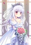  1girl absurdres azur_lane bangs bare_shoulders blurry blurry_background blush bouquet bow breasts bridal_veil cleavage closed_mouth collarbone commentary_request cygnet_(azur_lane) depth_of_field detached_sleeves dress eyebrows_visible_through_hair flower hair_between_eyes head_tilt highres holding holding_bouquet long_hair long_sleeves looking_at_viewer medium_breasts off-shoulder_dress off_shoulder petals red_eyes red_flower red_rose rose satsuki_yukimi see-through see-through_sleeves silver_hair smile solo tears tiara veil very_long_hair white_bow white_dress white_flower window 