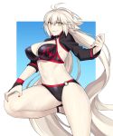  1girl ahoge bangs bikini black_bikini black_jacket blue_background bnc_(bunshi) border breasts choker cleavage collarbone cropped_jacket fate/grand_order fate_(series) gradient gradient_background grin hair_between_eyes hips jacket jeanne_d&#039;arc_(alter_swimsuit_berserker) jeanne_d&#039;arc_(fate)_(all) large_breasts leg_up long_hair looking_at_viewer nail_polish navel o-ring o-ring_bikini red_nails silver_hair smile solo swimsuit thighs very_long_hair waist white_border yellow_eyes 