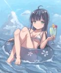  1girl ahoge barefoot bikini black_hair blue_eyes blue_sky breasts clouds cup day drinking_glass drinking_straw flower food fruit full_body highres holding holding_cup ice ice_cube innertube long_hair looking_at_viewer nene_(hong_kong) ocean orange orange_slice original outdoors see-through side-tie_bikini sky small_breasts solo summer swimsuit very_long_hair white_bikini 