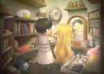  2girls black_hair blonde_hair book bookshelf bracelet cup cutting_hair dararito dress earrings hair_brush hairdressing hakumei_to_mikochi hat hat_removed headwear_removed hoop_earrings jada_(hakumei_to_mikochi) jar jewelry konju_(hakumei_to_mikochi) long_hair mirror multiple_girls necklace open_mouth pointy_ears red_eyes reflection scissors short_hair sleeveless sleeveless_dress teacup teapot very_long_hair 