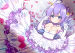  1girl :o azur_lane bangs bare_shoulders blurry blurry_foreground blush breasts cleavage commentary_request depth_of_field dress elbow_gloves eyebrows_visible_through_hair gloves hair_between_eyes hair_bun hair_ornament hands_up long_hair looking_at_viewer medium_breasts one_side_up parted_lips petals playing_with_own_hair pleated_dress purple_hair sawa_(sawasaku) side_bun solo star star_hair_ornament strapless strapless_dress unicorn_(azur_lane) very_long_hair violet_eyes white_dress white_gloves 