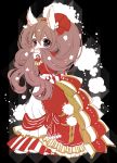  1girl big_hair blush bow brown_hair chino_machiko copyright_request covering_mouth dress frilled_dress frills hair_between_eyes hair_bow hands_up long_hair long_sleeves looking_at_viewer red_bow red_dress solo standing twintails violet_eyes 