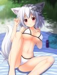  1girl animal_ears beach bikini breasts cleavage collarbone day hand_on_own_chest inubashiri_momiji large_breasts looking_at_viewer nagana_sayui navel ocean outdoors red_eyes silver_hair solo swimsuit tail touhou white_bikini wolf_ears wolf_tail 