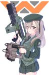  1girl aliens assault_rifle bangs beret black_hat black_jacket black_neckwear black_ribbon black_skirt brown_eyes closed_mouth colonial_marine commentary_request dress_shirt dual_wielding emblem eyebrows_visible_through_hair girls_und_panzer gun hair_ribbon hat highres holding holding_gun holding_weapon jacket light_brown_hair logo long_hair long_sleeves looking_at_viewer m314_motion_tracker m41a_pulse_rifle military military_hat military_uniform miniskirt necktie petag2 pleated_skirt ribbon rifle science_fiction selection_university_military_uniform shimada_arisu shirt side_ponytail simple_background skirt smile solo standing trigger_discipline uniform upper_body weapon weyland-yutani white_background white_shirt 