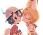  2girls animal_ears backpack bag black_hair blonde_hair blue_eyes bow bowtie buchi_(y0u0ri_) bucket_hat closed_eyes commentary_request elbow_gloves face_licking gloves hand_holding hat highres kaban_(kemono_friends) kemono_friends licking multicolored_hair multiple_girls serval_(kemono_friends) serval_ears serval_print shirt short_hair short_sleeves sleeveless t-shirt tears 