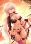  1girl ass_visible_through_thighs beach bikini bu_li choker collarbone dutch_angle fate/grand_order fate_(series) gloves halterneck janne_d&#039;arc jeanne_d&#039;arc_(alter)_(fate) jeanne_d&#039;arc_(alter_swimsuit_berserker) jeanne_d&#039;arc_(fate)_(all) katana l ocean sindentation sky solo standing swimsuit sword thigh_gap weapon yellow_eyes 