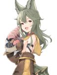  1girl :d absurdres animal_ears arm_strap bangs bare_shoulders blush breasts capelet claw_pose commentary_request detached_sleeves erune fang from_side fur-trimmed_sleeves fur_trim granblue_fantasy green_skirt hand_up highres koretsuki_azuma long_hair long_sleeves looking_at_viewer looking_to_the_side medium_breasts open_mouth red_eyes sen_(granblue_fantasy) sideboob simple_background skirt smile solo upper_body white_background yellow_capelet 